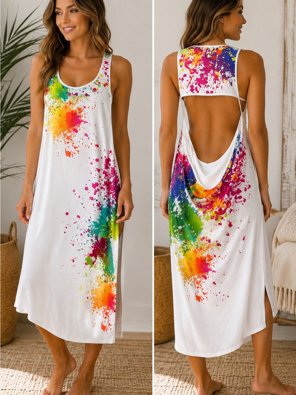 Colorful‎ Paint-Splash Open-Back Maxi Dress/Swim Cover-Up Sz M
